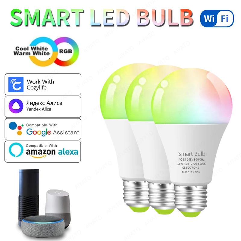 와이파이 스마트 전구 E27 LED RGB 램프, 알렉사 구글 홈 앨리스 음성 제어, RGB + CW + WW 조광 타이머 기능, 15W 