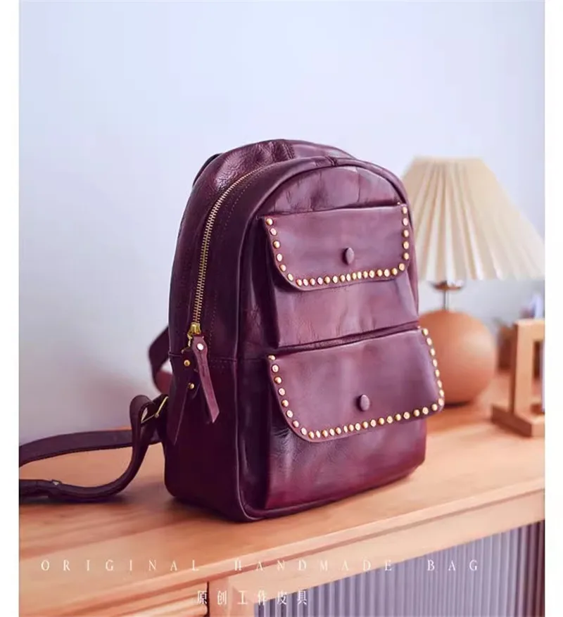 Pndme Outdoor Travel Designer hand gefertigte Echt leder Frauen Rucksack lässig Luxus natürliche echte Rindsleder weibliche Niet Schult asche – Detail 18