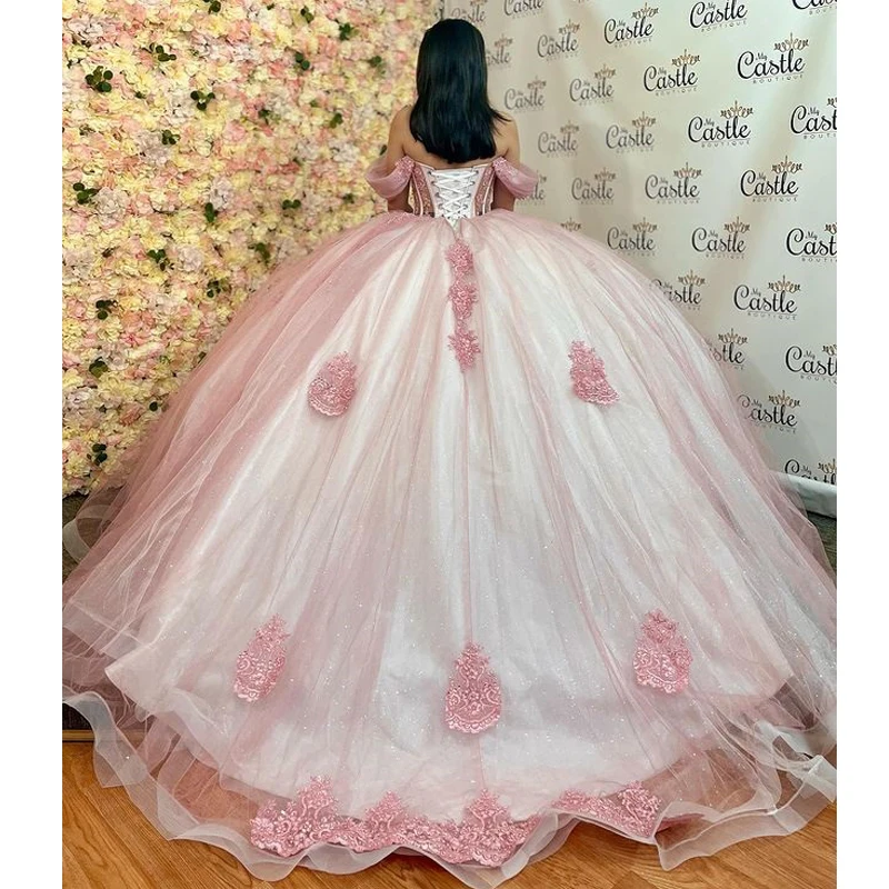 Quinceanera Dresses ANGELSBRIDEP Glittering Pink Quinceanera Dress Crystal Beading Lace Vestidos De 15 Anos Formal Birthday Party Prom Ball Gown