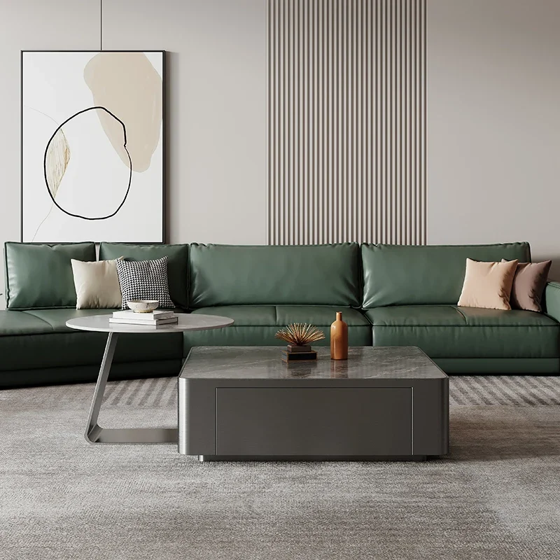 

Quiet Style Simple Living Room Stainless Steel Square Stone Plate Coffee Table