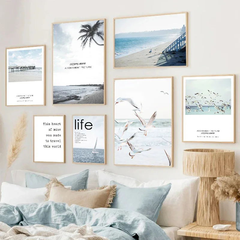 Beach Coconut Tree Seagull Sail Wall Art Canvas Painting City Seaside Scenery Poster Modern Living Room Print Picture Home Decor