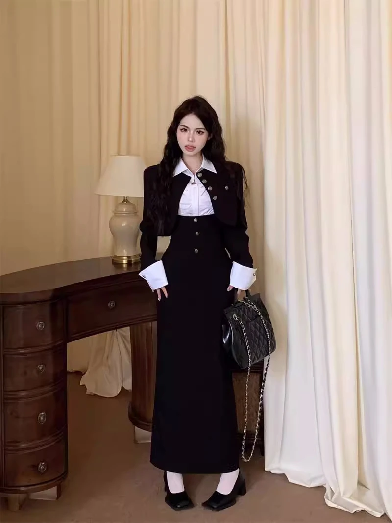 Y2K 3-piece Set Women Crop Coat Blazer White Shirt Halter Sleeveless Bodycon Midi Dress Autumn New Female Korean Chic Outfits