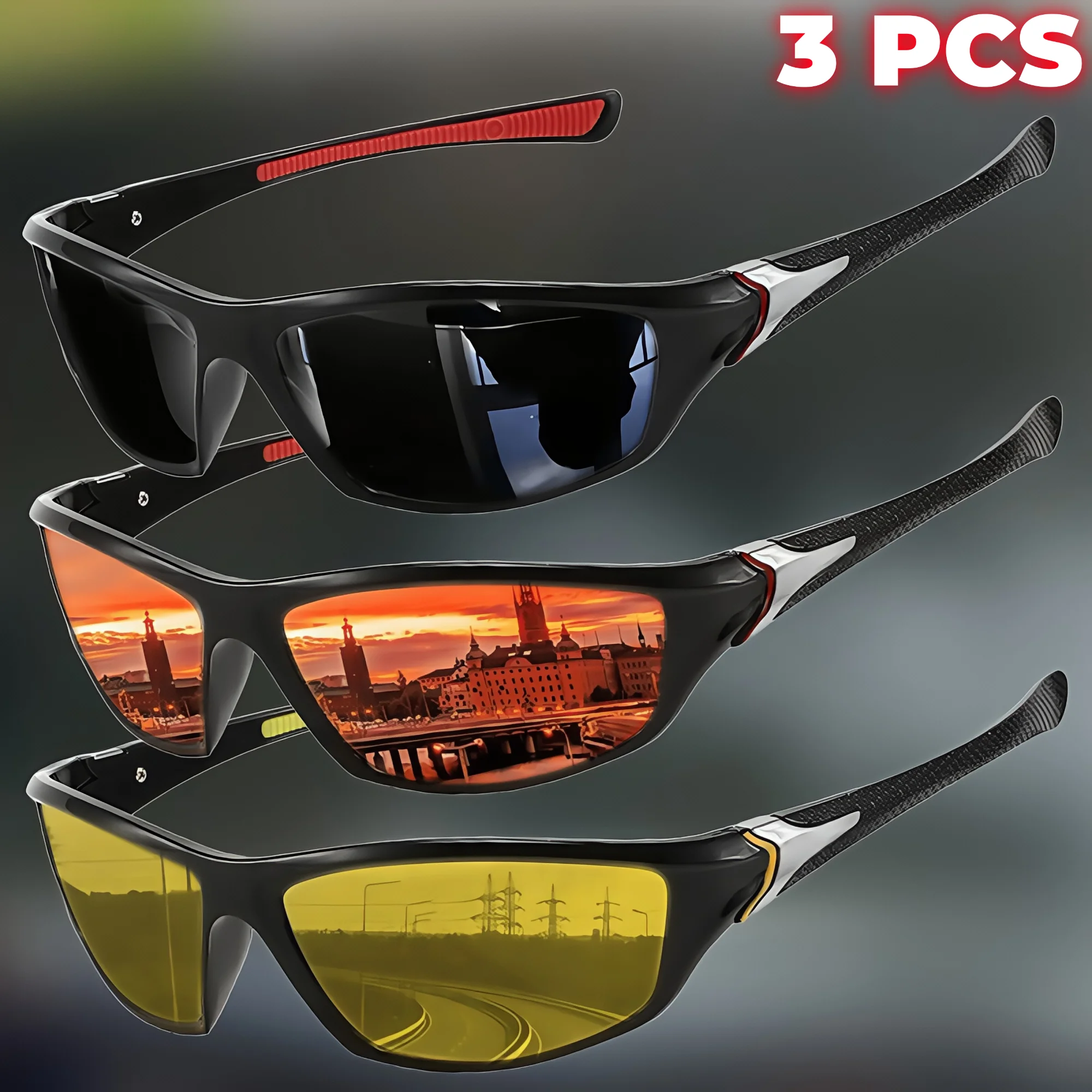 3PCS Retro Vintage Outdoor Sport Sonnenbrille Wraparound Mehrfarbige Linsen Leichte UV400 für Radfahren Angeln Unisex Brillen – Detail 4