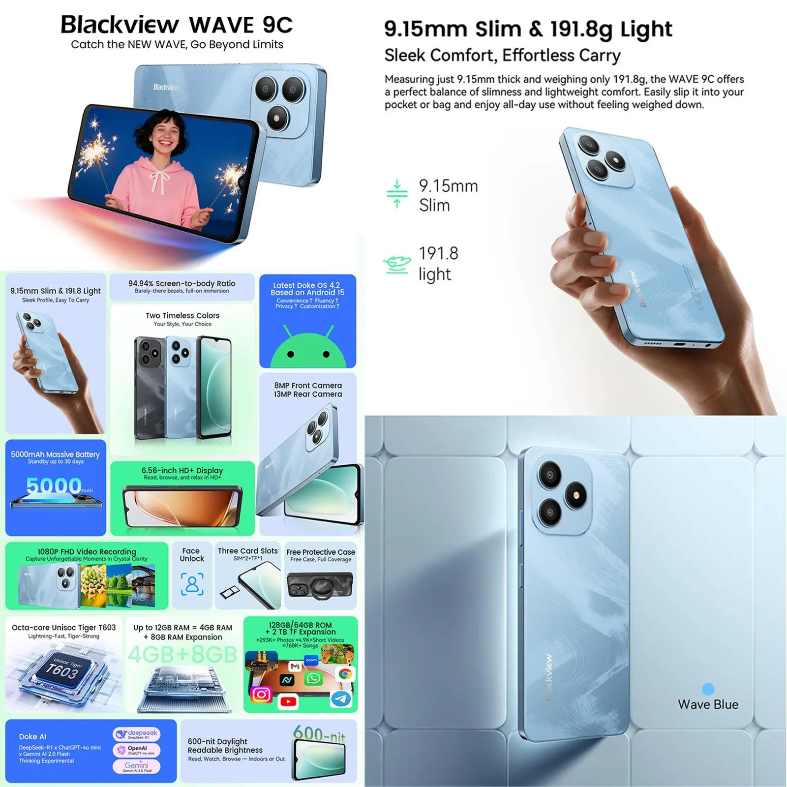 Blackview WAVE 9C Smartphone 6.56'' HD+IPS Display 5000mAh Battery 4GB+64GB/ 128GB 13MP Camera 4G Android 15 Cell Phone