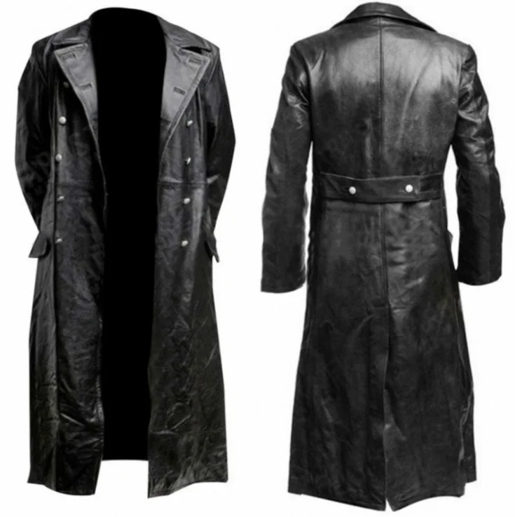 MEN'S GERMAN CLASSIC WW2 MILITARY UNIFORM OFFICER BLACK REAL LEATHER TRENCH COAT 2