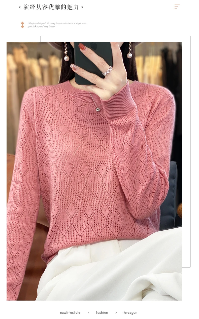 New Women Wool Blend Sweater Spring O-neck Geometric Hollow Pullover Fashion Soft Sweater Loose Casual Knit Base Tops