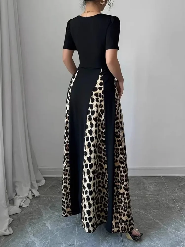 Wmstar 2025 New Women Fashionable Elegant Plus Size Dress Short Sleeve U Neck Black Leopard Print Patchwork Plus Size Dress