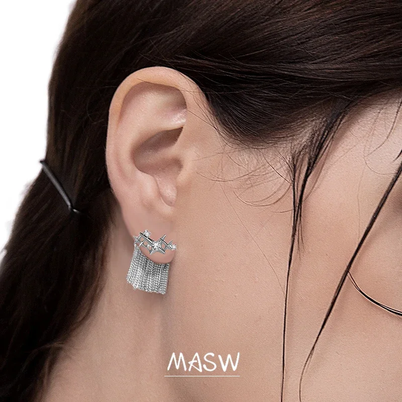 MASW Original Design Delicate Style High Quality Brass Thick Silver Plated Star Tassel Earrings For Women Accessories Gifts