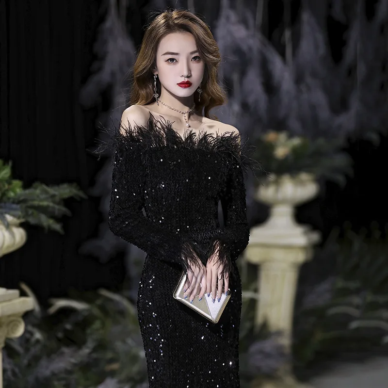 

Black Evening Dress Women New Luxury Temperament Long Sleeve Sequins Feathers Trumpet Gowns Annual Host Banquet Dresses