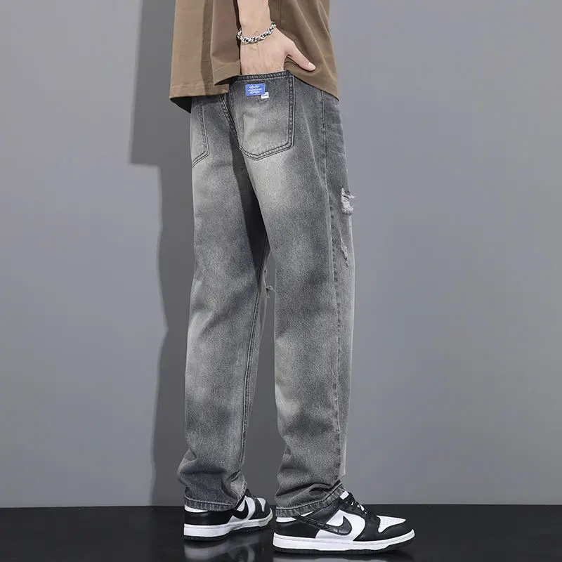 Summer New High Street American Vintage Distressed Jeans Men Button Zipper Pockets Trendy Loose Casual Wide Leg Straight Pants