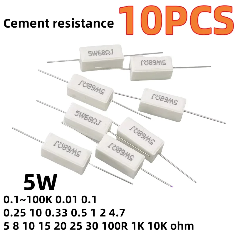 セメント抵抗5W,水平0.1r/0.25/0.47/3/5r/6.8/10/47/100オーム/1k/10k47k, 10個 ...