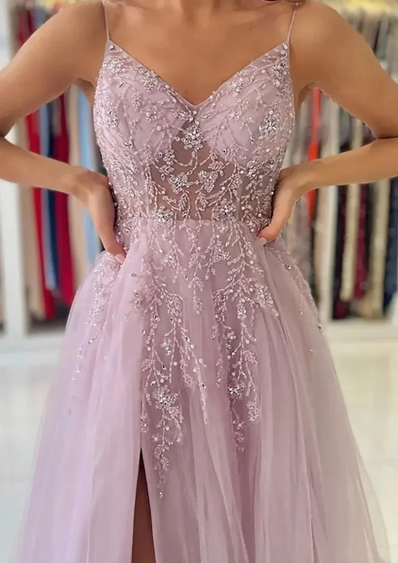 Simple and elegant Princess a Line Decal Italian Strap Luxury Evening dress Sexy V-neck backless floor-length PROM party dress