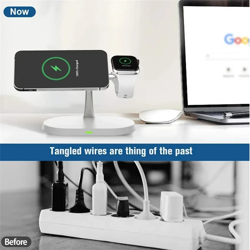 3 in 1 마그네틱 데스크탑 무선 충전기 (MagSafe 아이폰 17, 16, 15, 14, 13, 12, 애플워치 2-8, SE, 에어팟 고속 충전 스테이션)