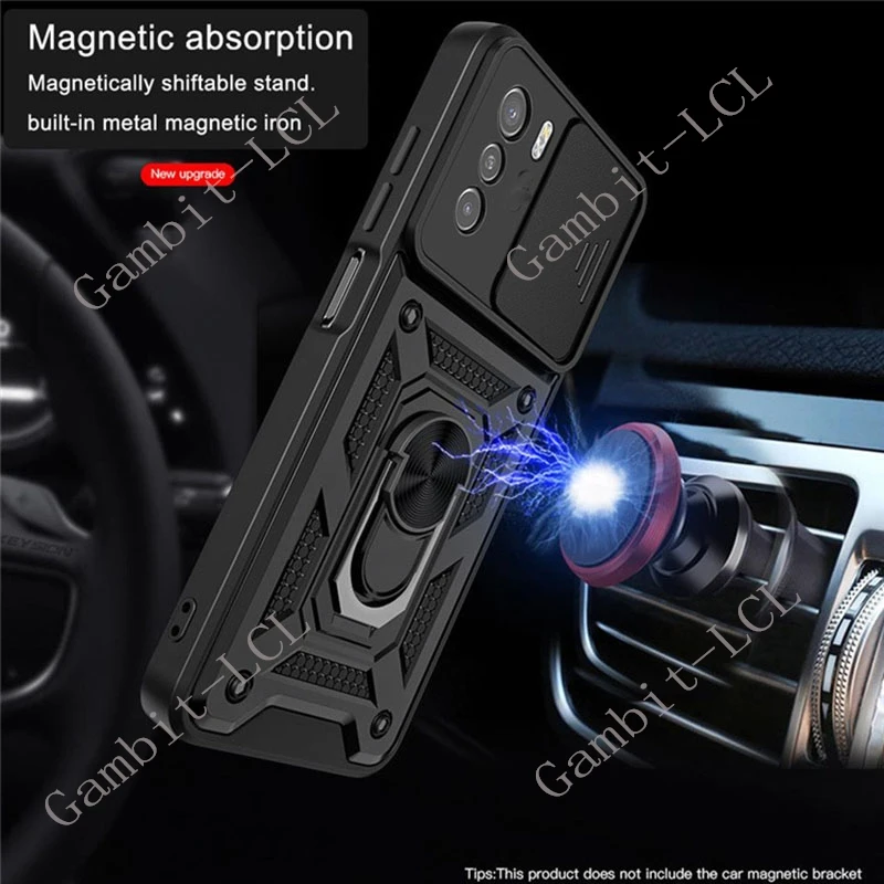 Anti-Falling Ring Armor Case with Magnetic Holder Stand and Sliding Camera Lens Cover