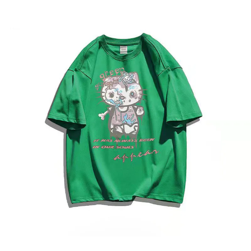 thumbnail image 1 of Hello Kitty-Camiseta de algodón de manga corta con estampado divertido para niña, Top holgado de media manga con personalidad, novedad de verano, 1 of 5