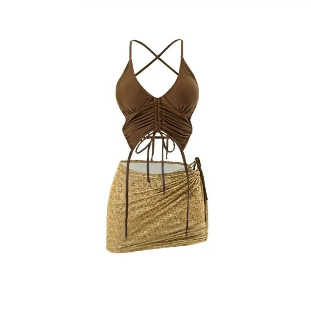 Backless Design Coffee Swimsuit Suit Lace-up Design Halter Neck Bikini Set Slimming Mini Style Halter Backless Small Chest