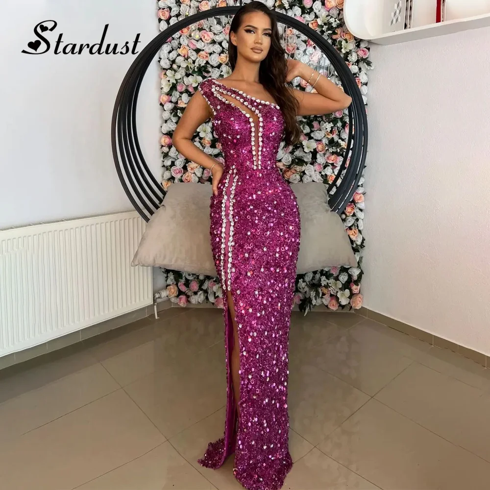 

Stardust Glitter Column Evening Dresses One-Shoulder Diamond Asymmetric Cut-out Sequin Side Slit Vestidos de Noche Made To Order