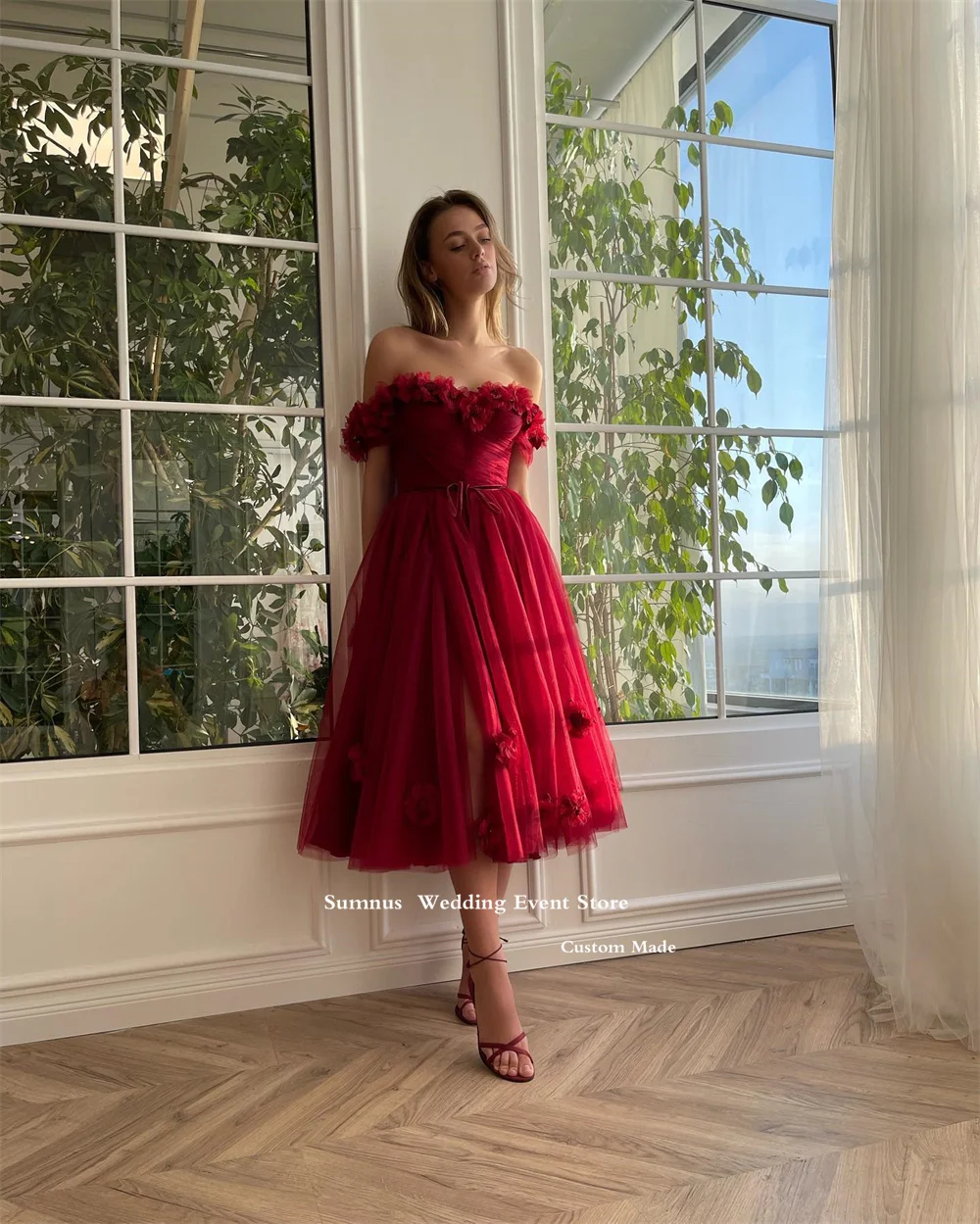 

Sumnus Burgundy Off The Shoulder Prom Dresses 3D Flowers Tulle Graceful Ankle Length High Side Slit Birthday Dress For Women lu