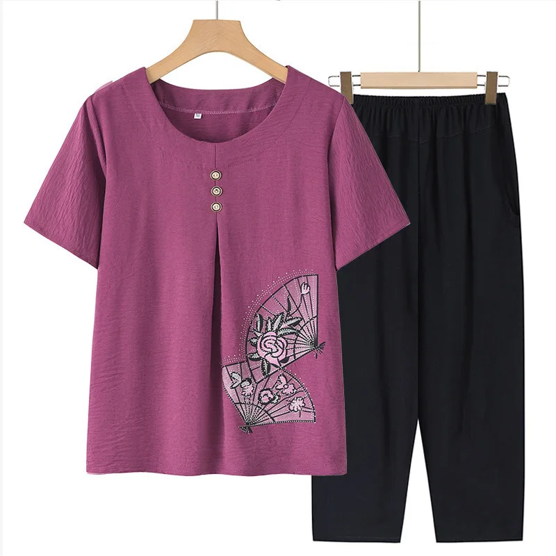 5XL Women's Pajamas Set Summer Middle Aged Mother Short Sleeve Sleepwear Round Collar Korean Pajamas Outside Wear Pijama Mujer
