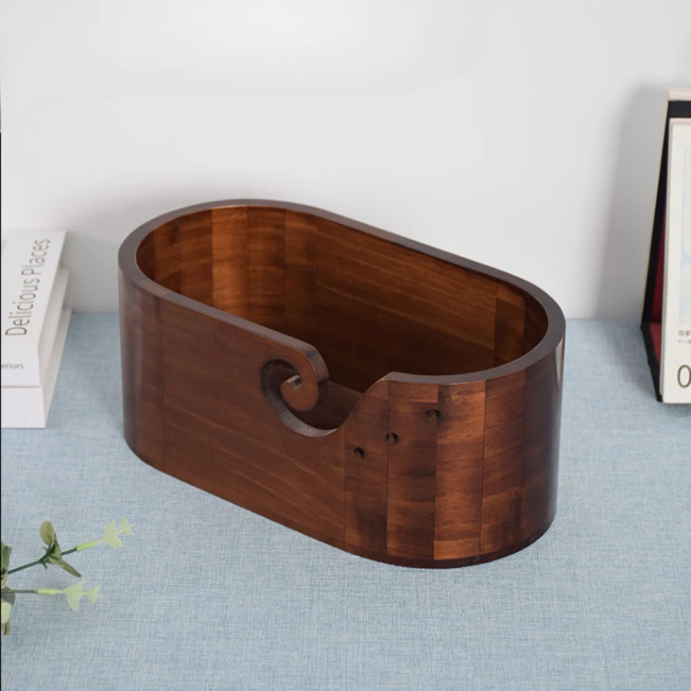 Wooden Yarn Bowl Large Size for Yarn skeins Oval Wooden Bowl Carved Holes Crochet Hook Rests Portable Knitting Yarn Holder