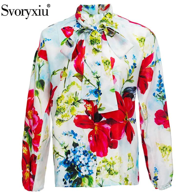 

Svoryxiu Runway Fashion Summer Gorgeous Elegant Shirt Women's Scarf Collar Single Breasted Flowers Print Silk Shirt