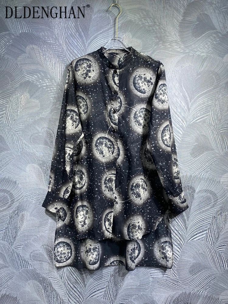 

DLDENGHAN Summer Cotton Shirt Women's O-Neck Long Sleeve Print Vintage Shirt Fashion Designer New