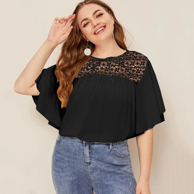 

Plus Size Summer Elegant Blouse Women Short Flare Sleeve Lace Panel Loose Top Tie Front Casual T-shirt Plus Size Clothing 5XL