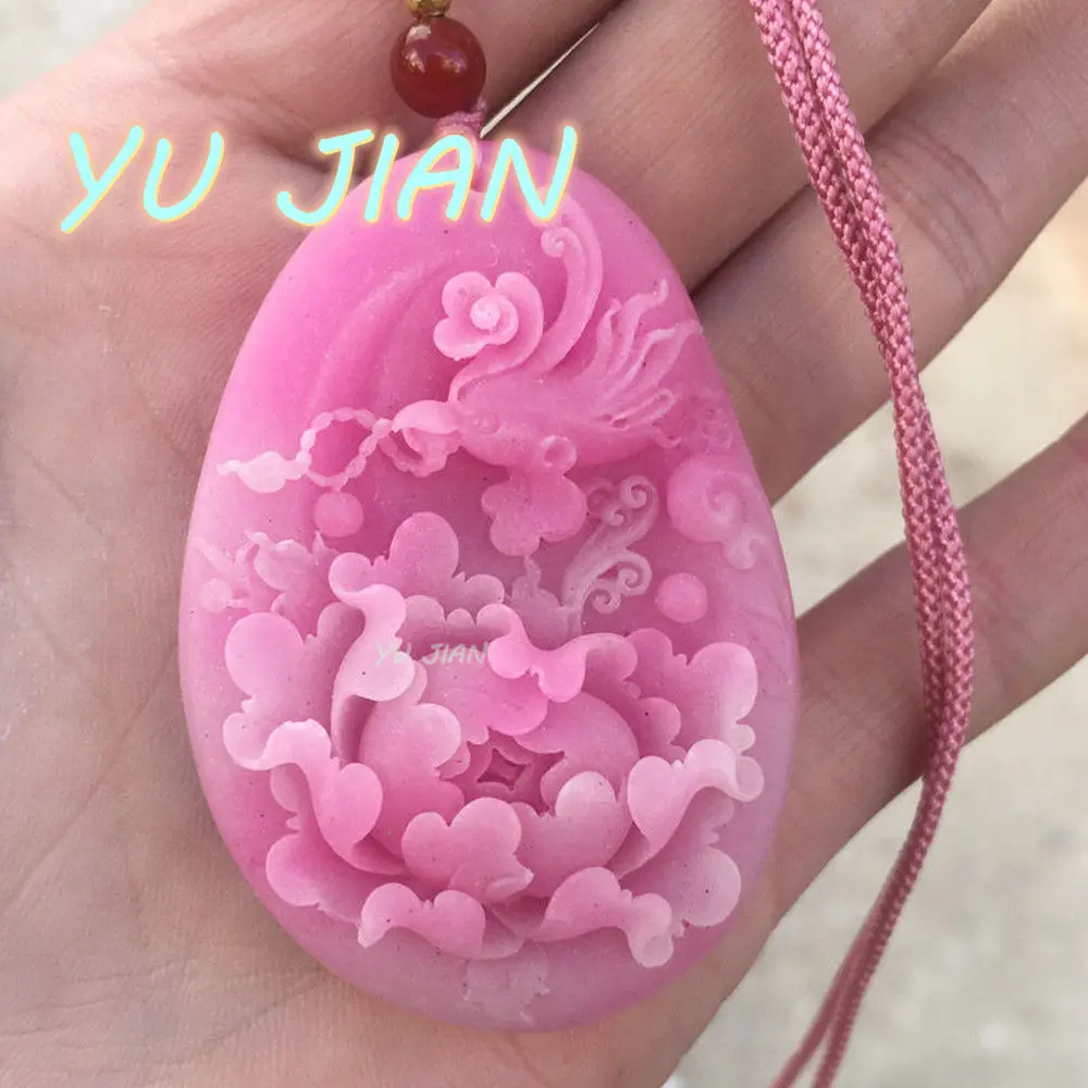 

New Graceful China Charm Traditional Hand Carved Phoenix Flower Pendant Peach Blossom-Jade Agate Lucky Necklace Chain Jewelry
