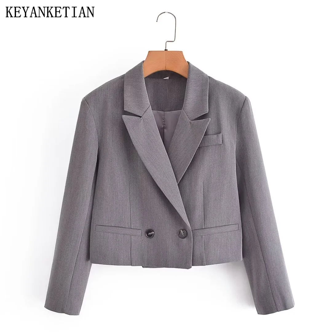 

KEYANKETIAN Autumn New Women's Double-Breasted Grey Suit Commuter Style Loose Suit Collar Straight Short Jacket Office Blazer