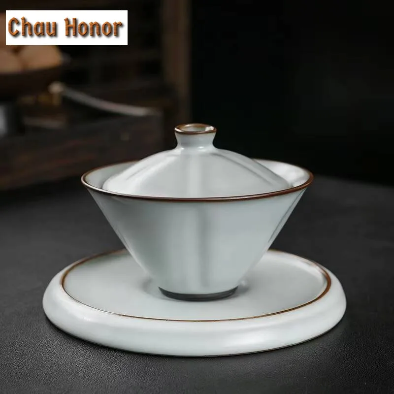 170ml Handmade Ru Kiln Porcelain Gaiwan Ice Cracking Glaze Tea Tureen Chinese Tea Making Cover Bowl Chinese Tea Set Ornaments