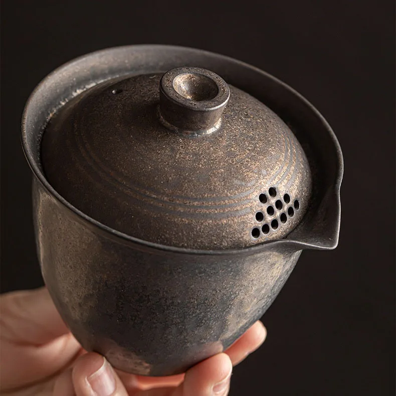 Tea Tureen 200ml Chinese-style Gilt Glaze Ceramic Retro Hand-held Pot Hanmade Coarse Pottery Tea Maker Gaiwan Kung Fu Set