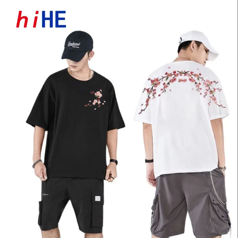 Sommerliches T-Shirt mit Pflaumen-Blumenstickerei für Herren, Baumwolle, Kurzarm, besticktes Herren-Oberteil, Marken-Streetwear 2026 Kleidung Z1