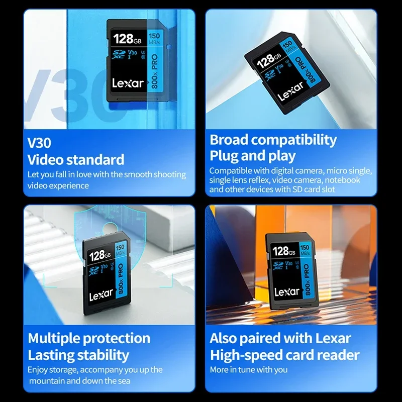 Lexar SD 카드 플래시 메모리 카드, 컴퓨터 디지털 제품 카메라용 SD 마이크로 SD 카드, 32GB, 64GB, 128GB, 256GB, U1 U3, 4K V30
