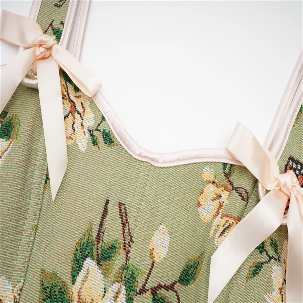 Medieval Renaissance Corset Crop Tops Lace-up Vintage Flowers Print Bow Shoulder Strap Gothic Overbust Bustier Tanks Camisole