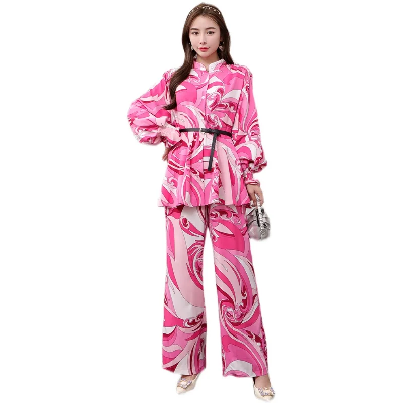 

VANOVICH Temperament Print Stand Collar Lantern Sleeve Long Shirt 2024 Spring New High Waist Loose Wide-leg Pants Two-piece Set