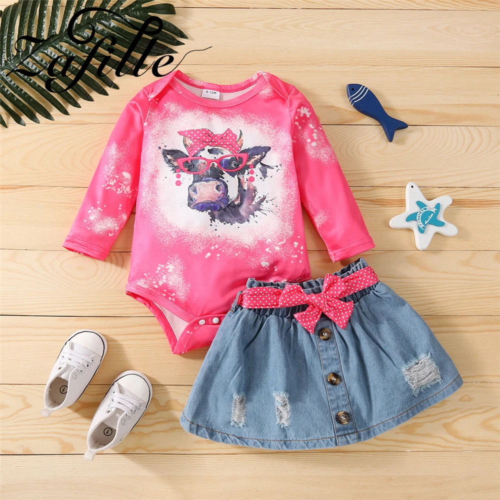 ZAFILLE Baby Denim Dress 2022 Cute Bull's Head Bodysuit+Bowknot Skirts Set 2pcs Infant Suit 0-18M Toddler Baby Girl Clothes Set Baby Clothing Set comfotable