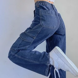 Moda feminina jeans y2k bolso em linha reta de cintura alta carga denim streetwear baggy retro namorado retalhos calças outono