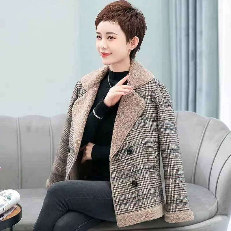 

Thickened Plaid Woolen Coat Women Autumn Winter 2023 Plus Velvet Warm Lambswool Short Jacket Korean Female Outerwear