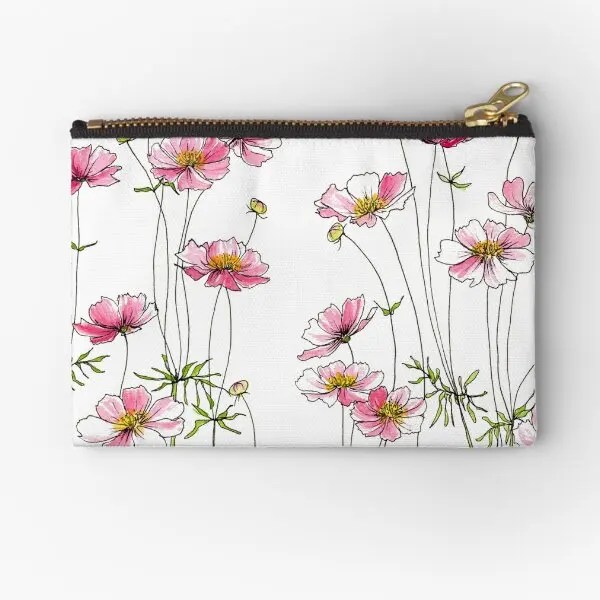 

Pink Cosmos Flowers Zipper Pouches Cosmetic Wallet Pocket Packaging Storage Money Men Key Pure Underwear Bag Socks Women Coin