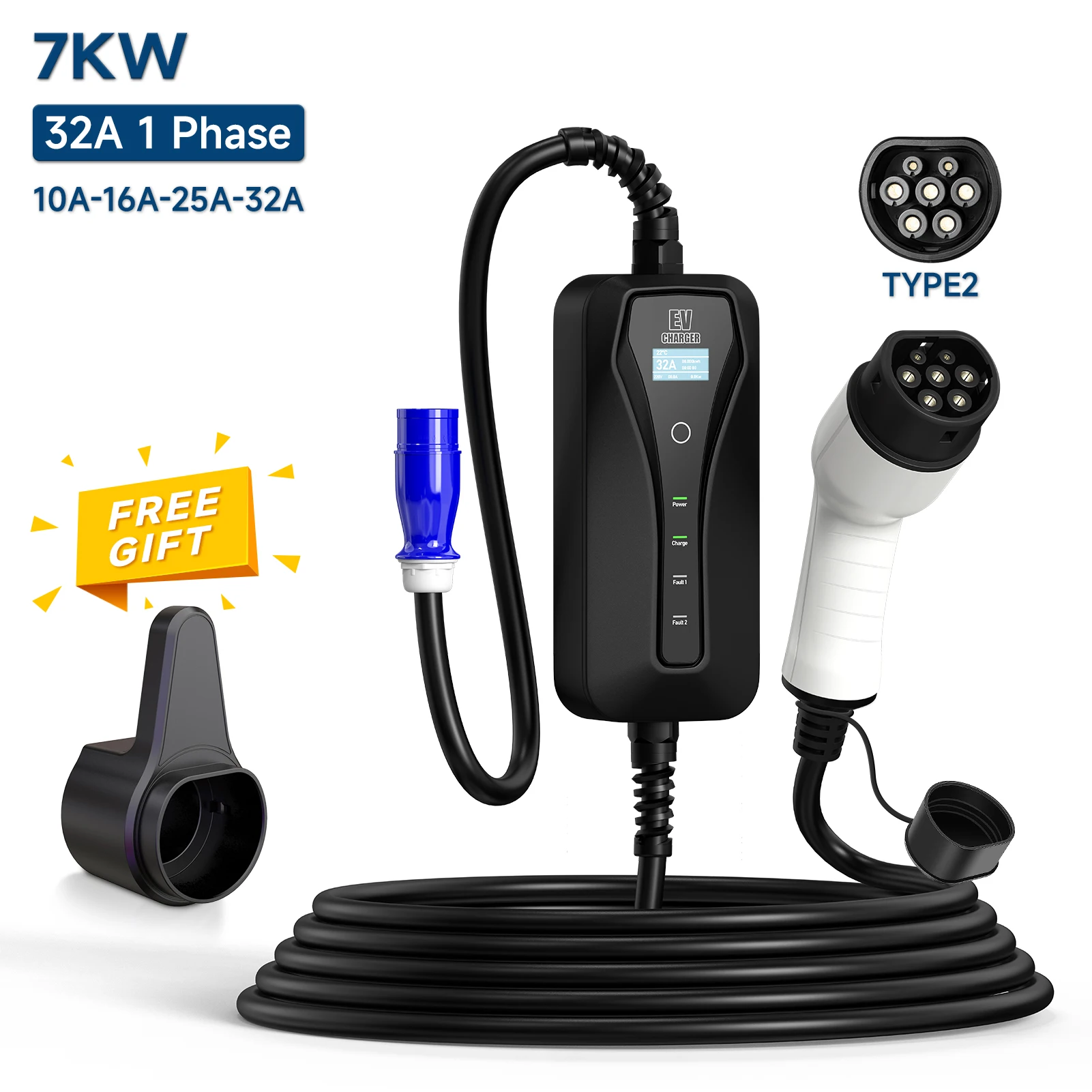 

32A 7KW Portable EV Charger Type2 IEC62196-2 EVSE Charging Cable Type1 SAE J1772 CEE Plug Controller Wallbox for Electric Car