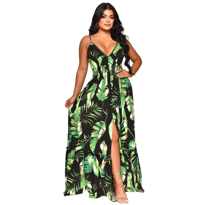 

Spaghetti Strap Dress Sexy Women's Long Dress Wrap Chest Slit Beach Dress African Elegant Clothing Print Holiday 2023 Vestido XL