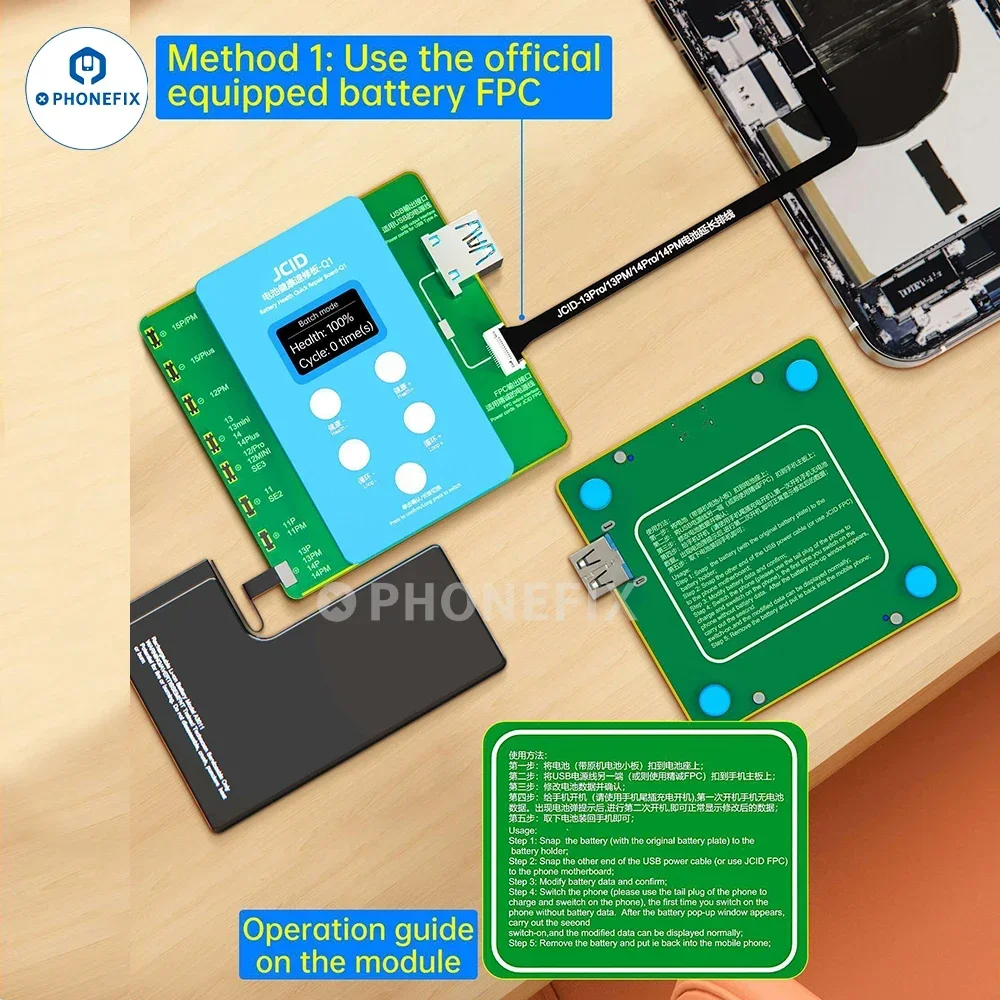 JCID Q1 Battery Calibrator Box Programmer iphone battery repair flex mobile phone battery board For iPhone 11-15 Modifies Battery Health Data Cycle Removes Important Message
