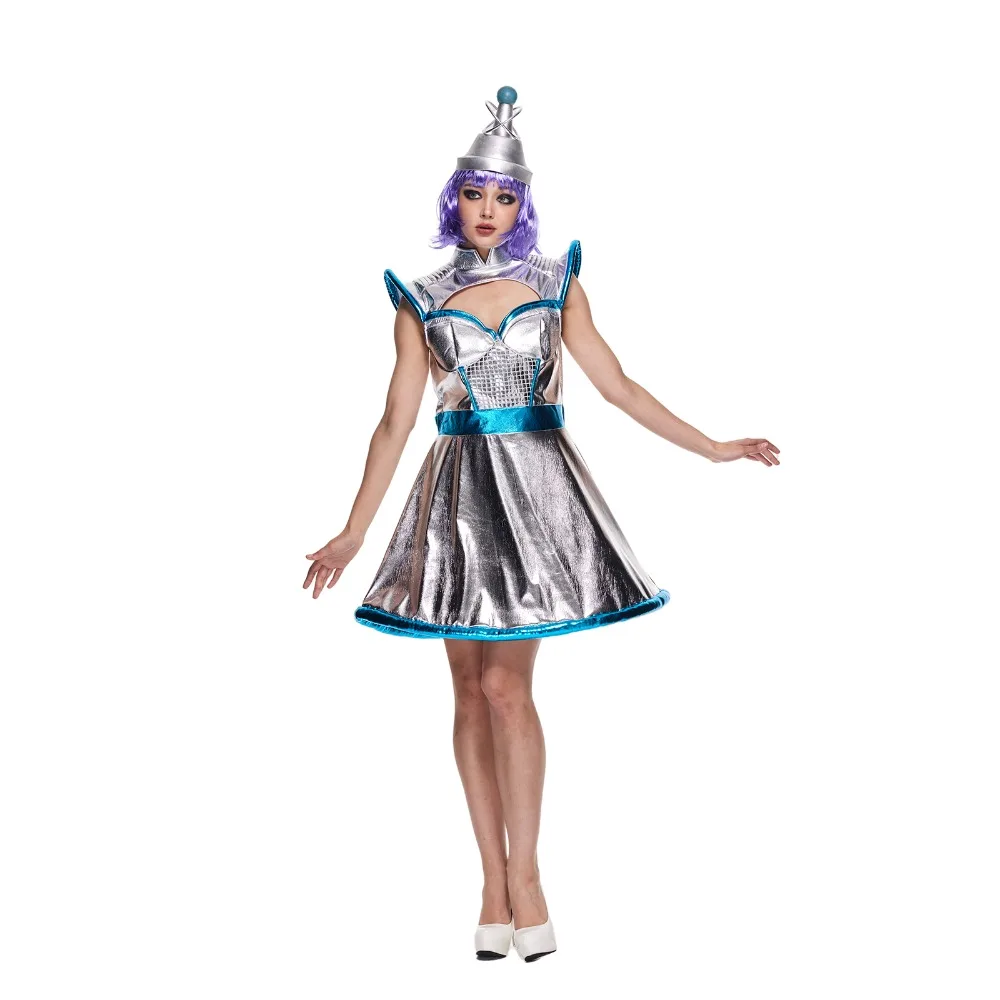 Women's Space Alien Costume Vintage Adult Shiny Metallic Robot Dress with Hat Carnival Easter Purim Fancy Dress