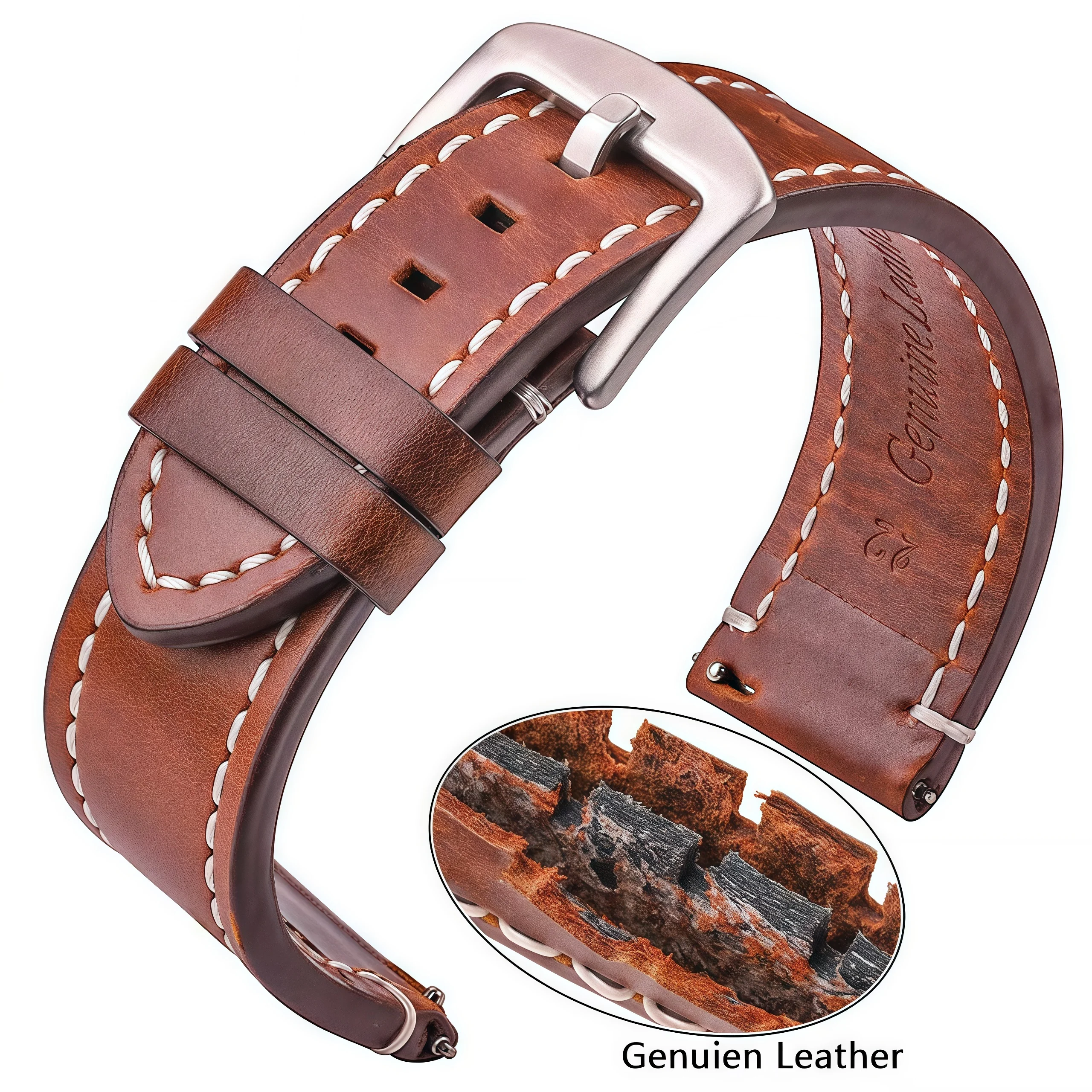 Vintage Genuine Leather Watch Band with Quick Release - Handmade Oil Wax Discoloration Casual Strap