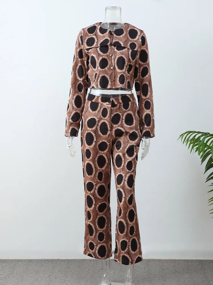 Chic Print Women\'s Loose Straight Pants Suit Elegant Navy Collar Single Breasted Crop Shirt Set Spring Lady Fashion Outfits 2024