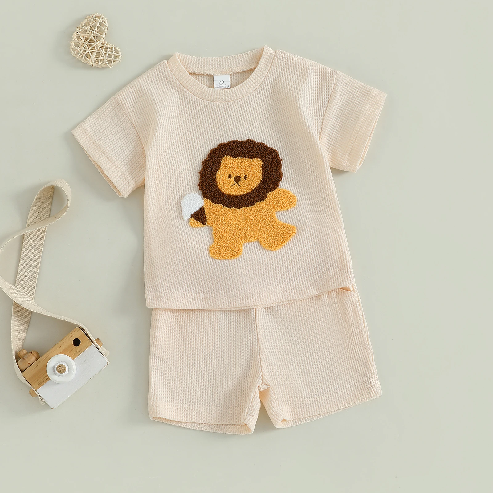 MISOWMNJOY Cartoon Lion Baby Boy Summer Outfits Fashion New Casual Short Sleeve Tops with Elastic Waist Shorts Kids Clothes Set