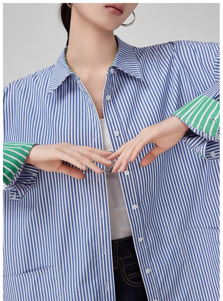 قميص مخطط كبير الحجم للنساء بأكمام طويلة فضفاض مناسب سترة علوية متوسطة الطول بأزرار سفلية ملابس غير رسمية موضة 2025