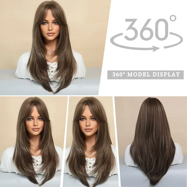 7JHH WIGS Honey Blonde Wig with Bangs Long Brown Wigs for Women,Layered Heat Resistant Synthetic Wigs for Daily Use 2