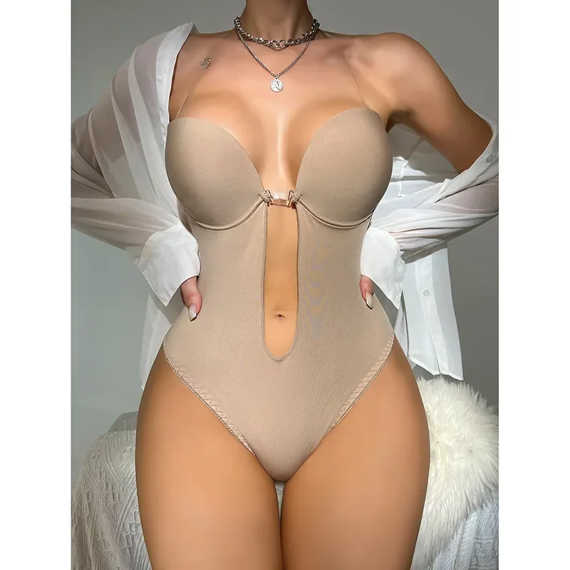 Bodysuit Shapewear Deep V-Neck Body Shaper Backless U Plunge Thong Shapers Waist Trainer Women Clear Strap Padded Push Up Corset