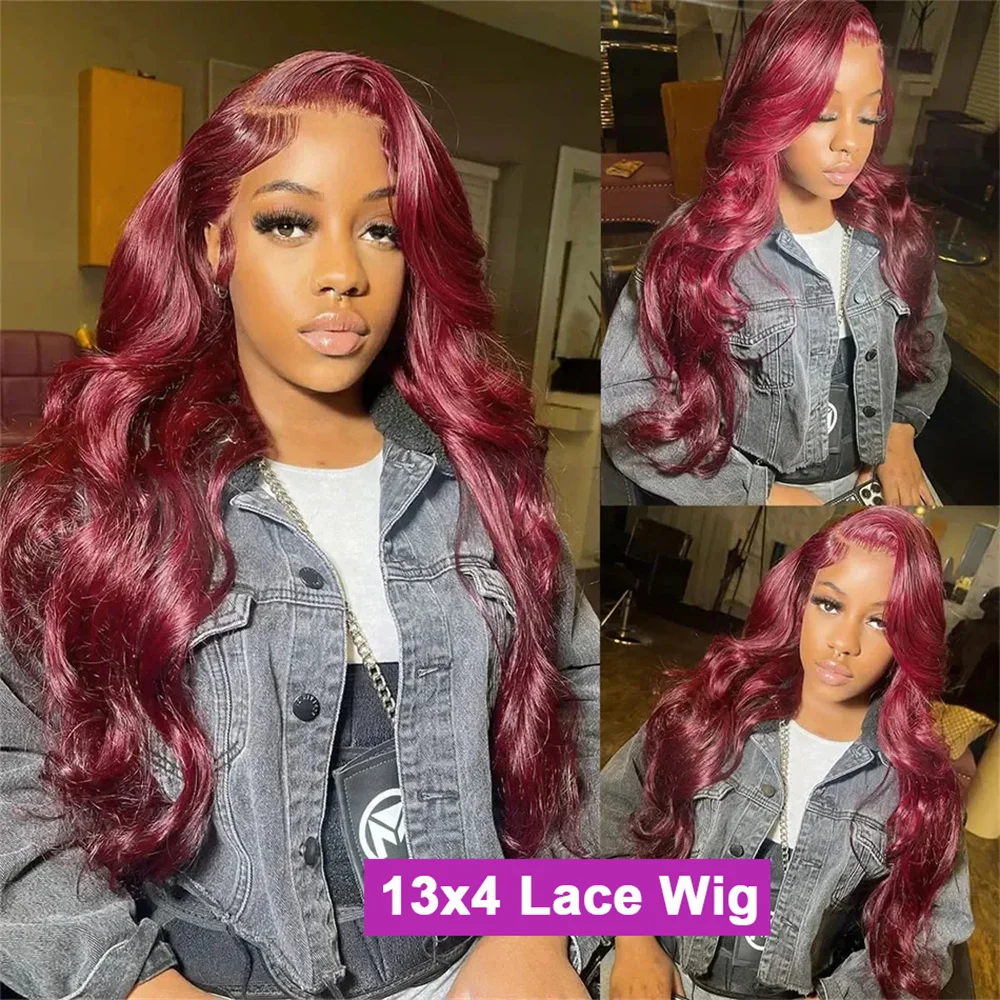 38 inch 180% Burgundy 99J 13x4 Body Wave 13x4 Lace Front Human Hair Wig Pre Plucked Red Colored HD Lace Frontal Wigs For Women